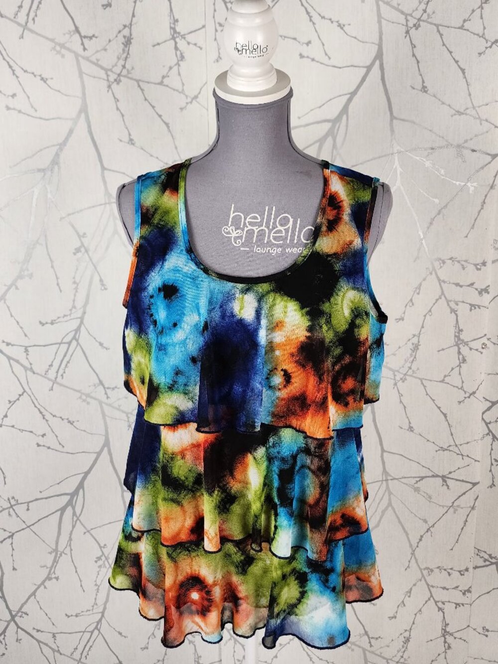 Libra Colorful Watercolor Stretch Mesh Ruffle Tiered Round Neck Tank